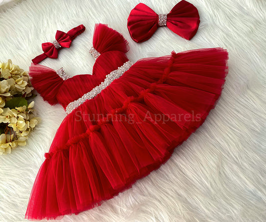 Designer Sweetheart Neckline Hand Work Red Frock
