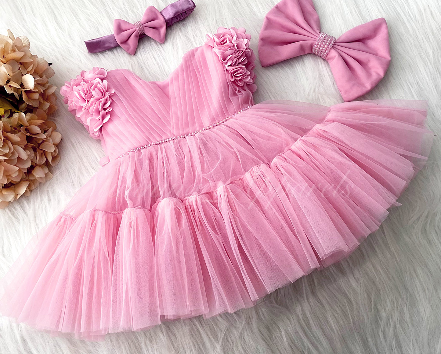 Beautiful Cape Sleeves Flower Work Ruffled Baby Pink Frock