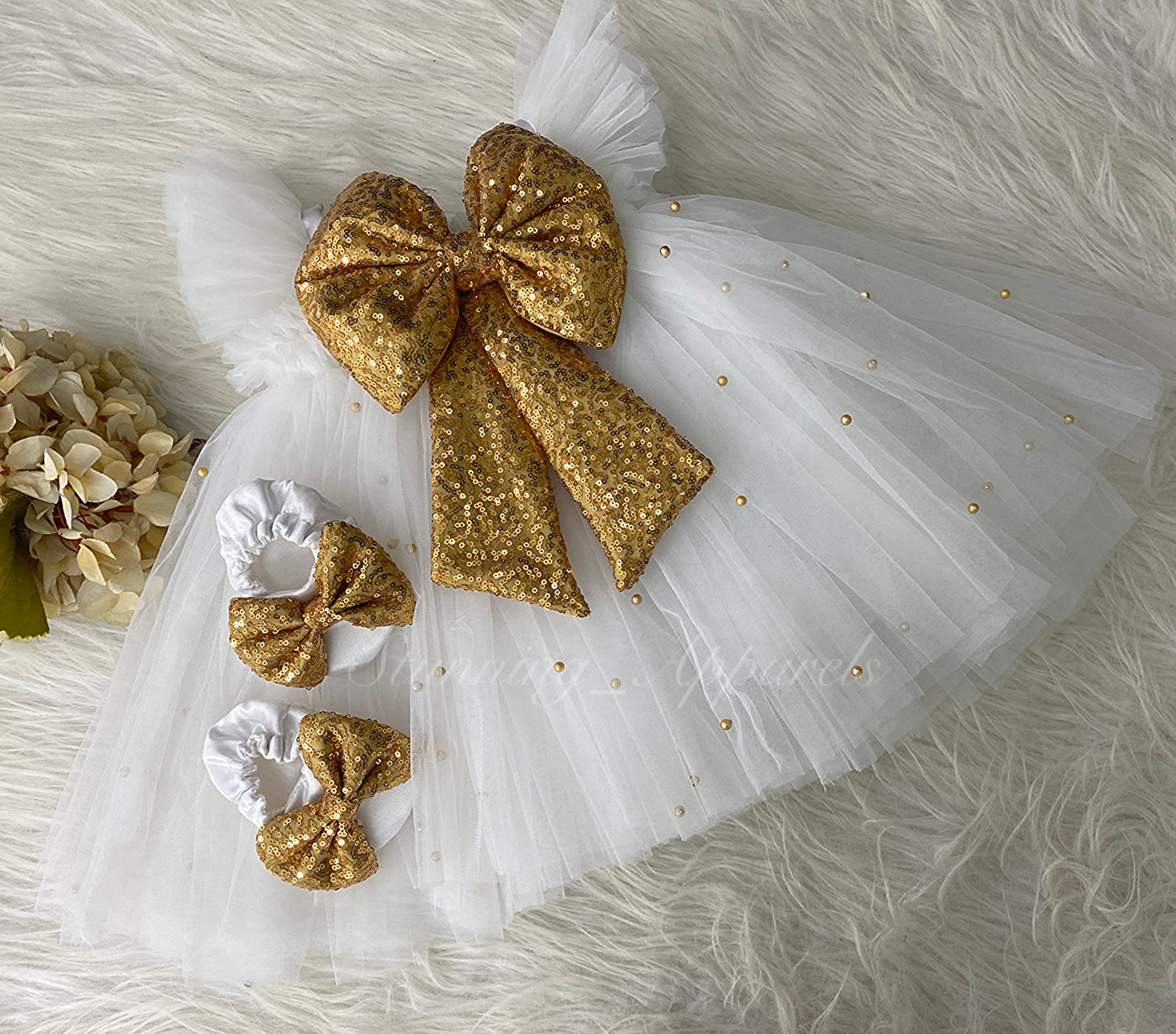 Golden Sequins Bow Party Wear White Umbrella Dress