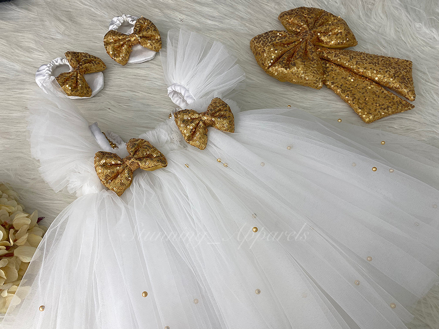 Golden Sequins Bow Party Wear White Umbrella Dress