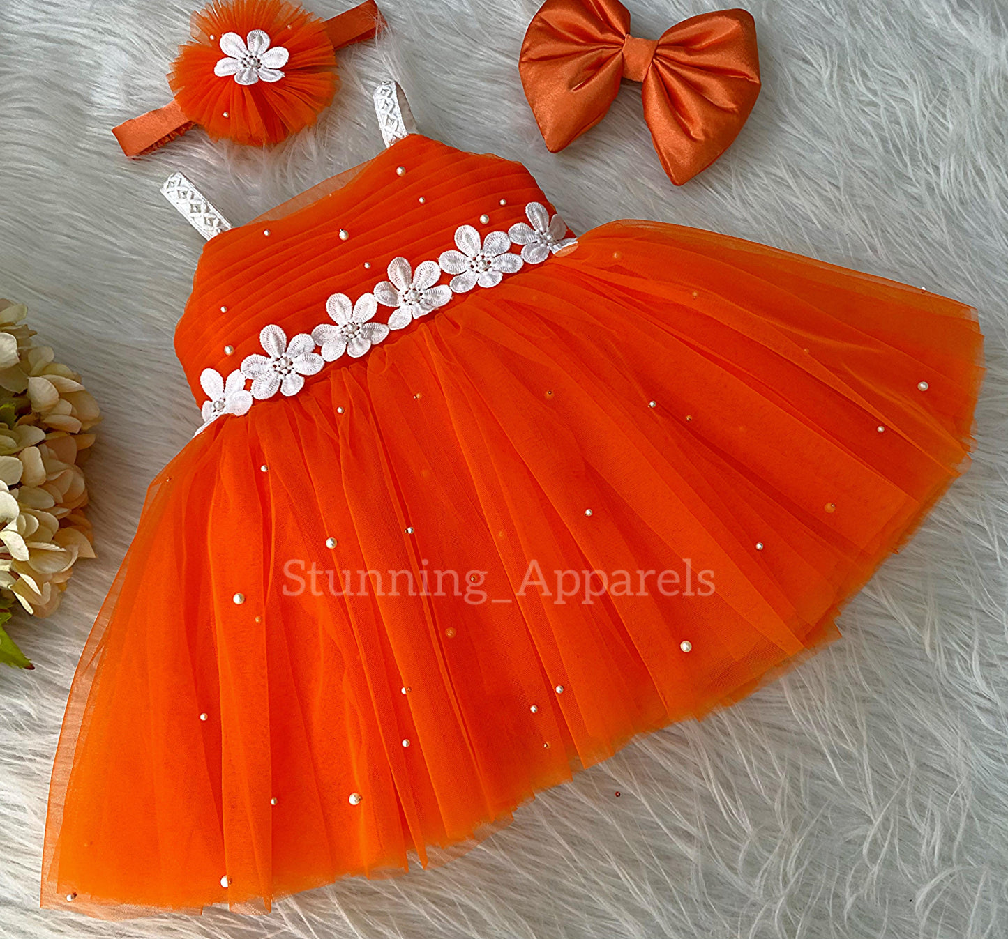 Waistline White Flower Work Party Wear Orange Dress