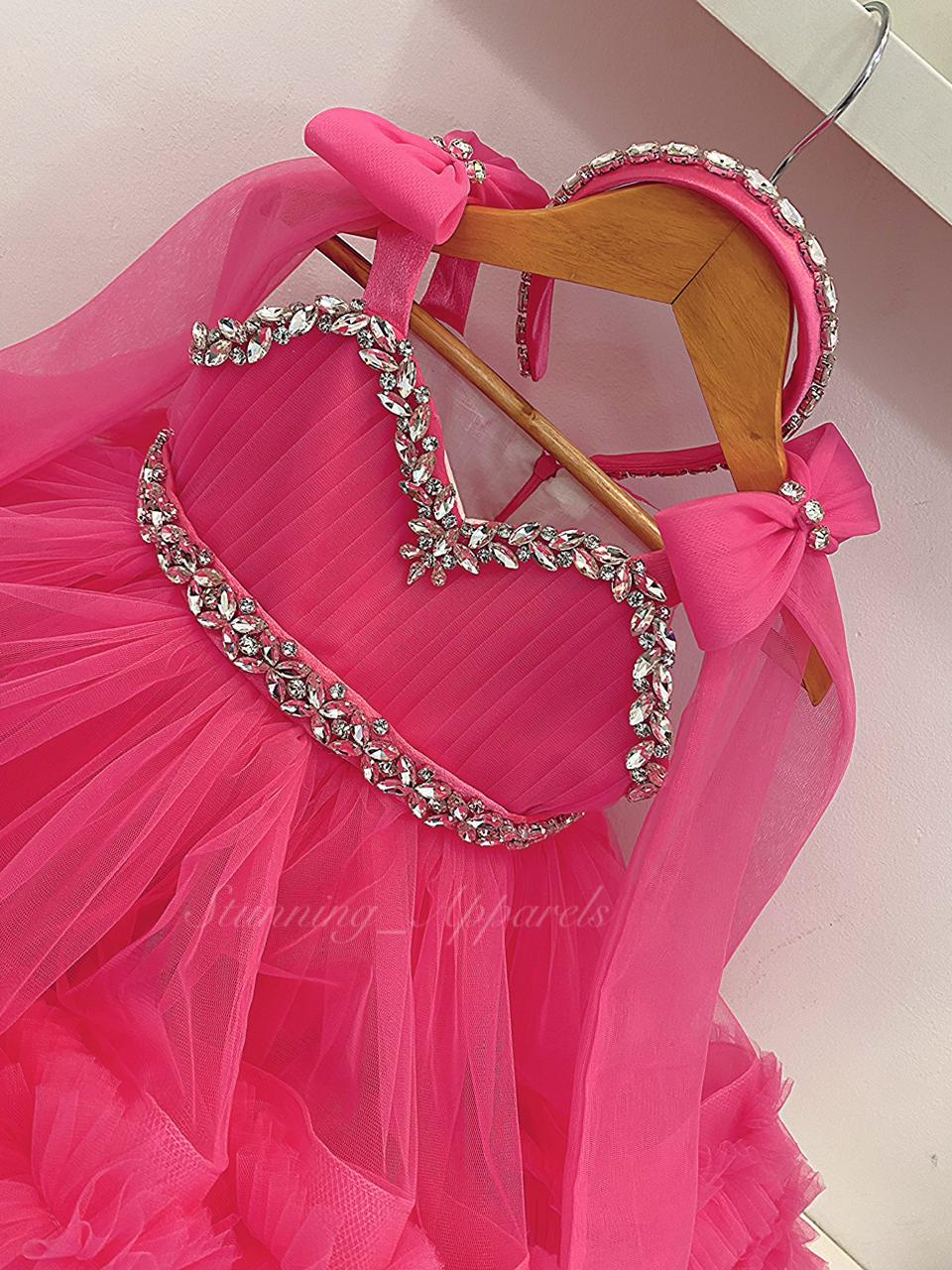 Designer Premium Hand Work Flamingo Pink Dress