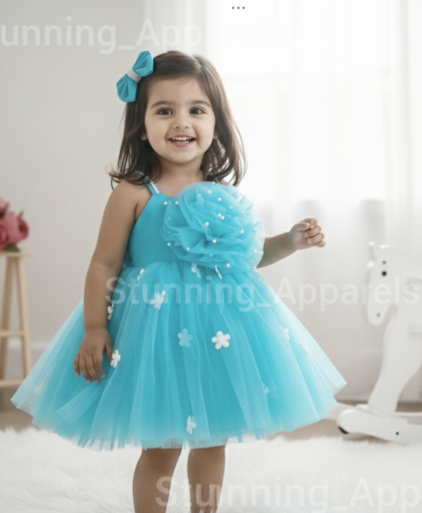 White Flower Work Strapped Dark Sky Blue Dress