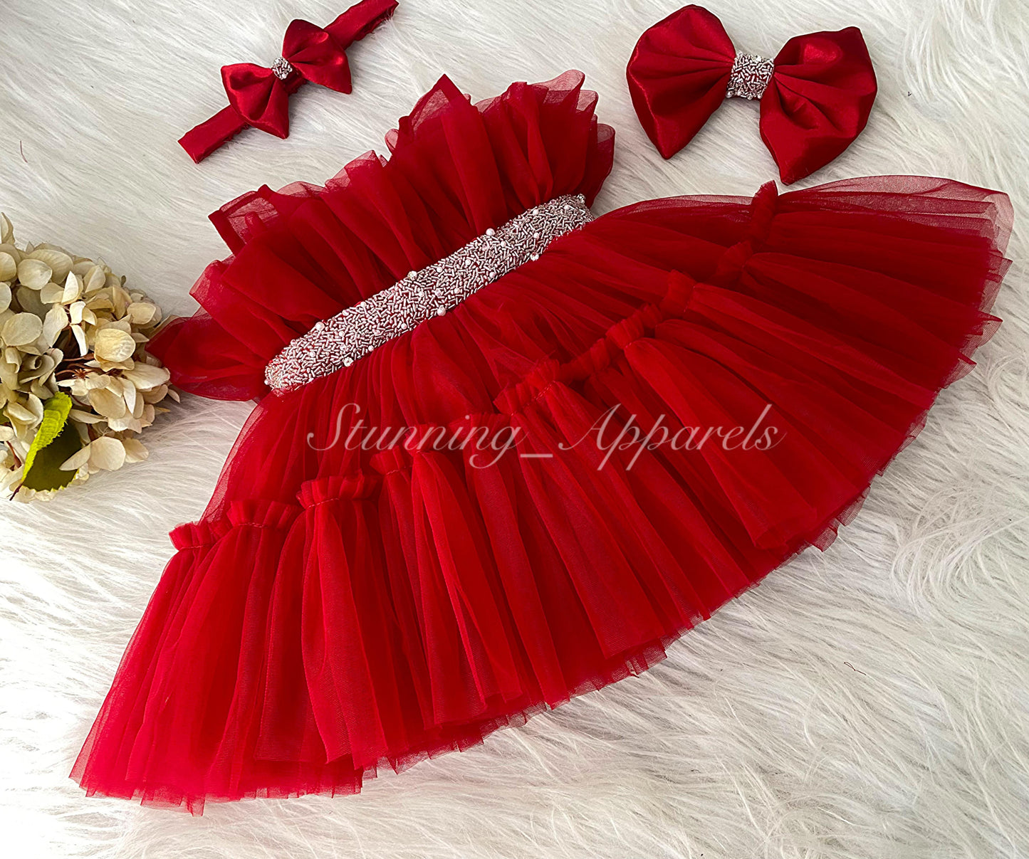 Designer belted Hand Wear Ruffled Party Wear Red Dress