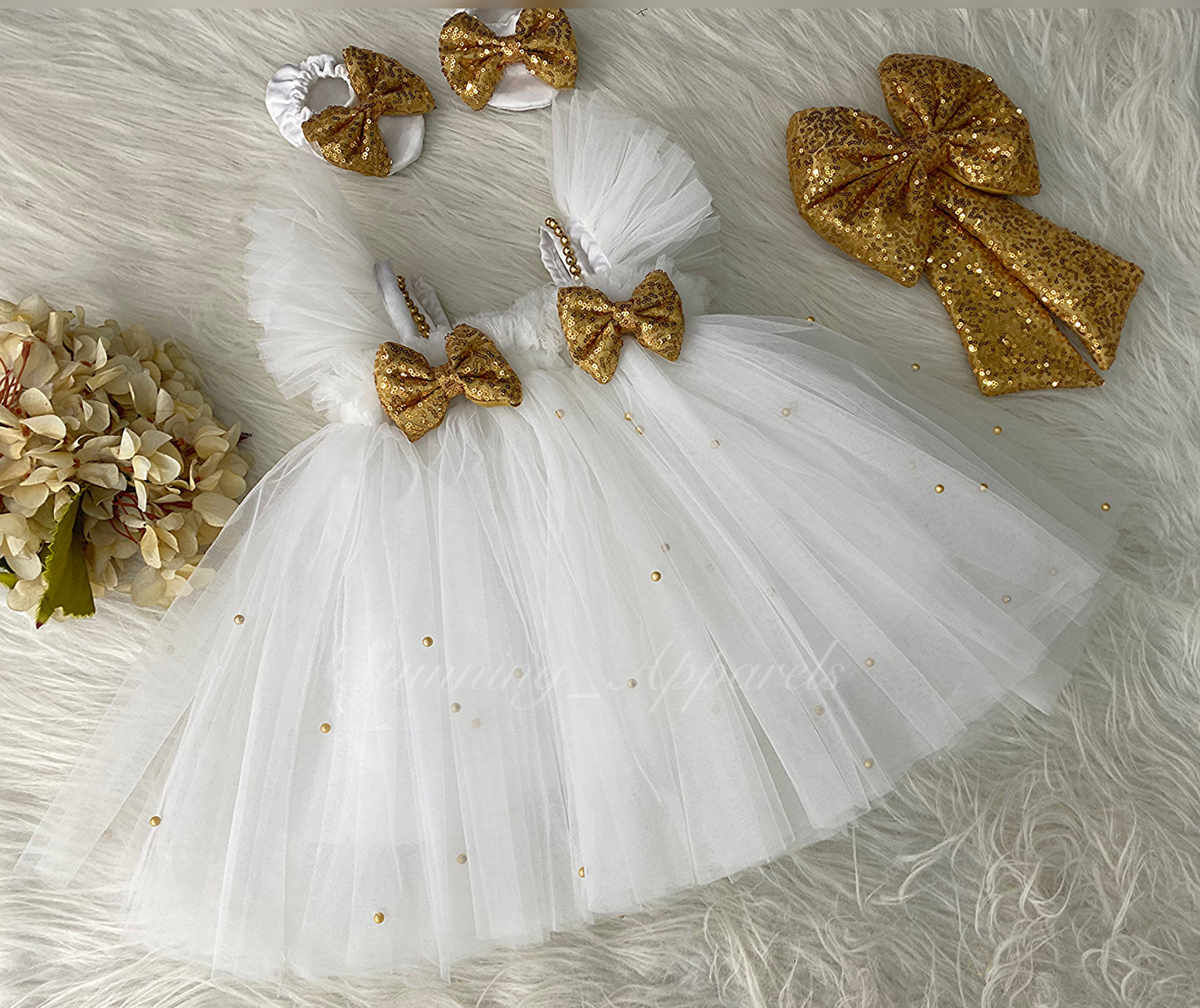 Golden Sequins Bow Party Wear White Umbrella Dress