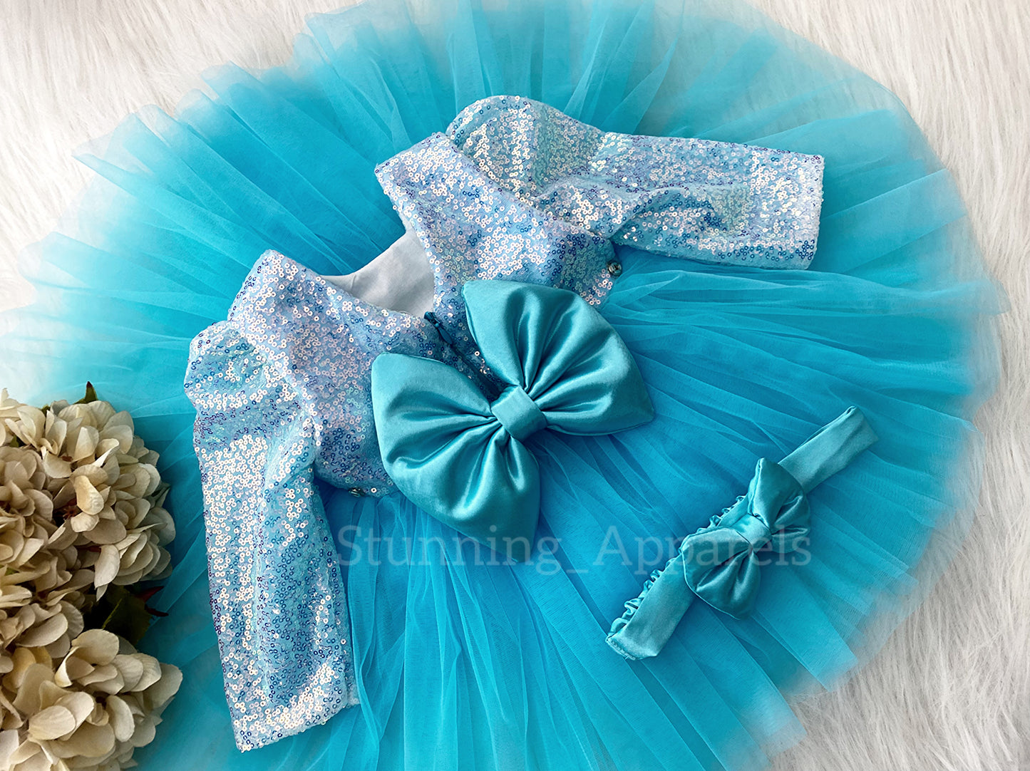 Stylish Long Sleeves Satin Bow Party Wear Sky Blue Frock