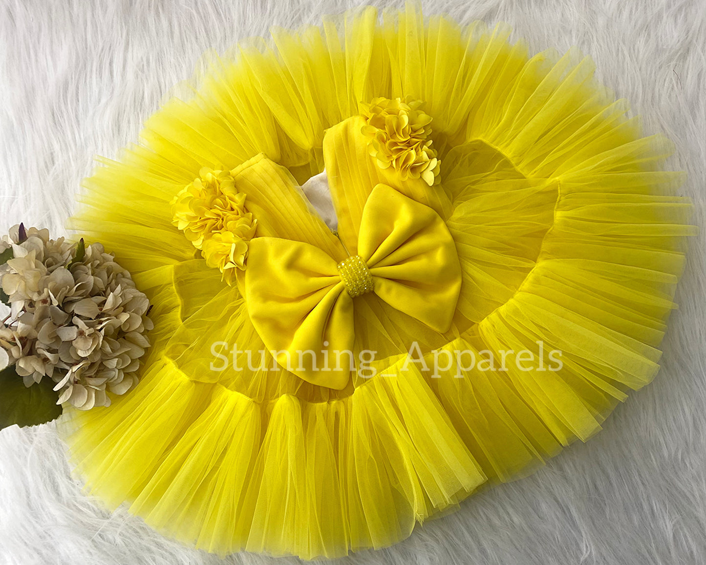 Beautiful Cape Sleeves Flower Work Ruffled Yellow Frock