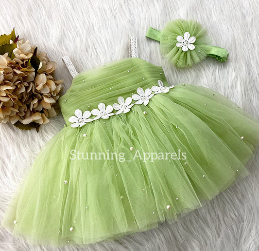 White Flower Work Party Wear Pista Green Dress