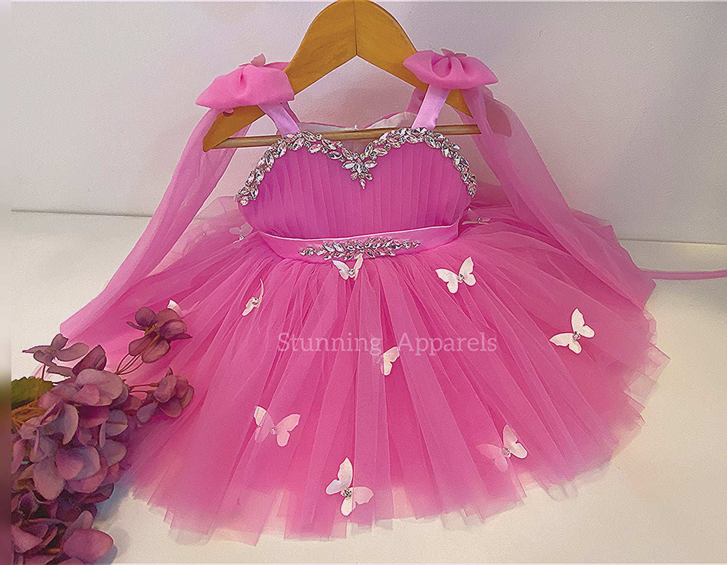 Designer Neckline Hand Work Butterfly Flamingo Pink Dress