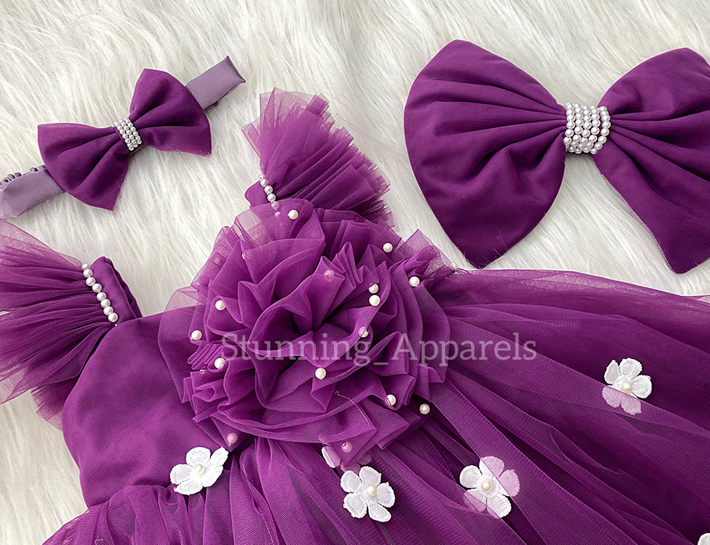 White Flower Work Strapped Sleeves Deep Orchid Frock