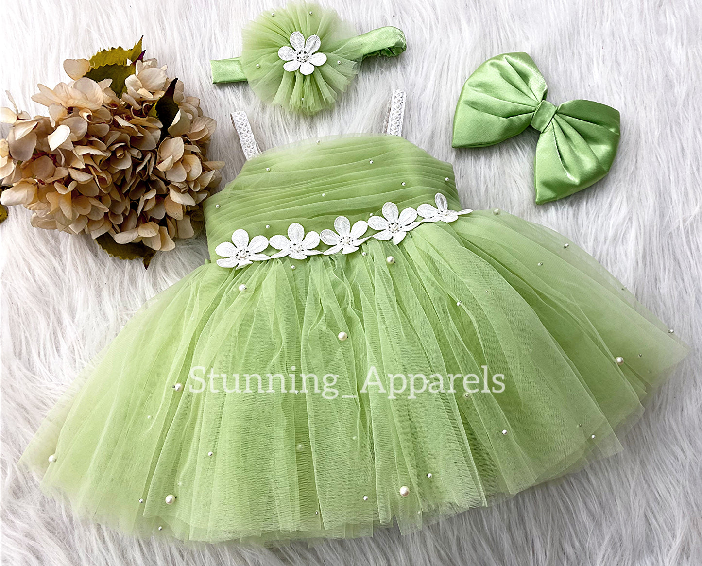 White Flower Work Party Wear Pista Green Dress