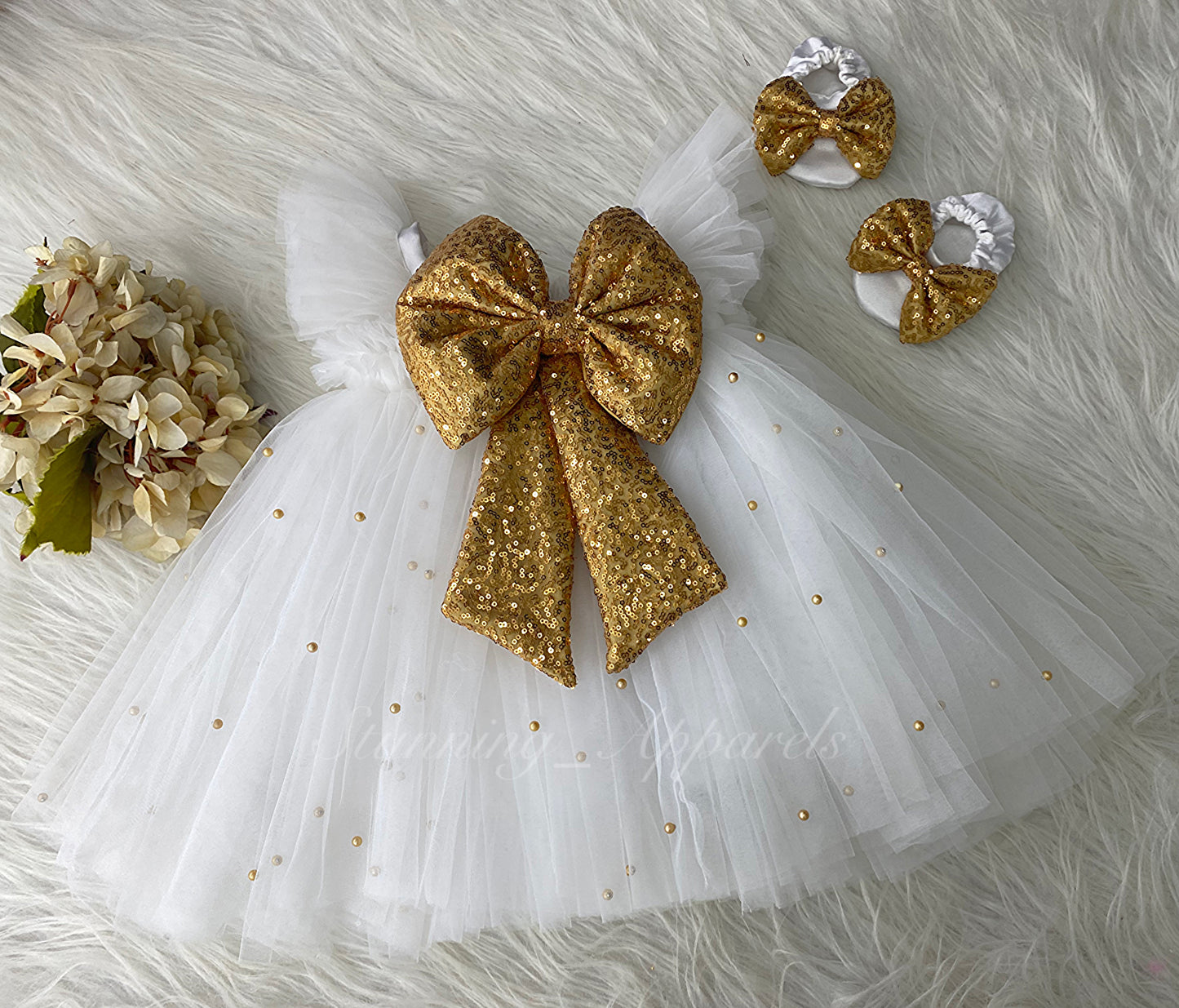 Golden Sequins Bow Party Wear White Umbrella Dress