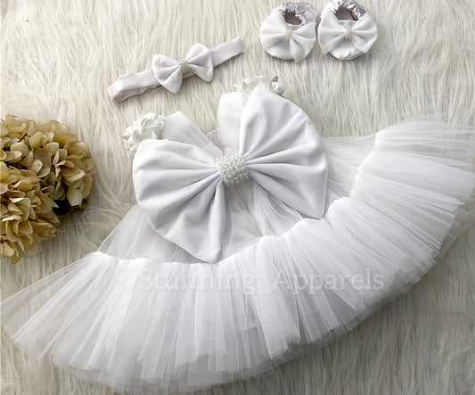 Beautiful Cape Sleeves Flower Work Ruffled white Frock