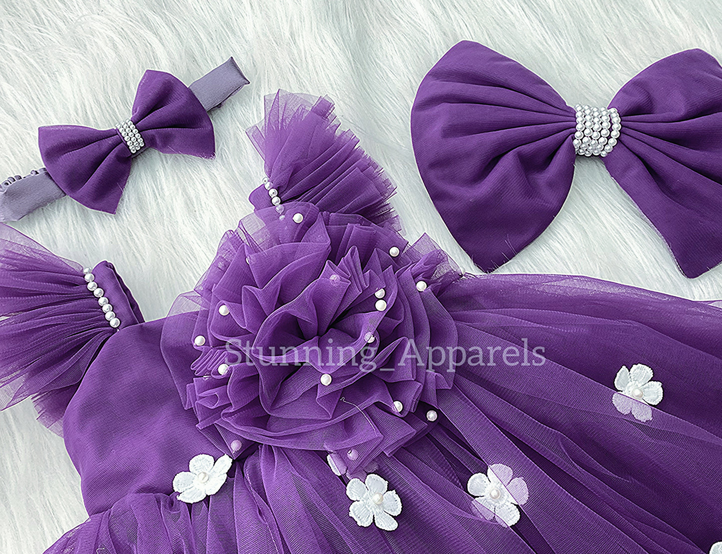 White Flower Work Strapped Sleeves Dark Lavender Frock
