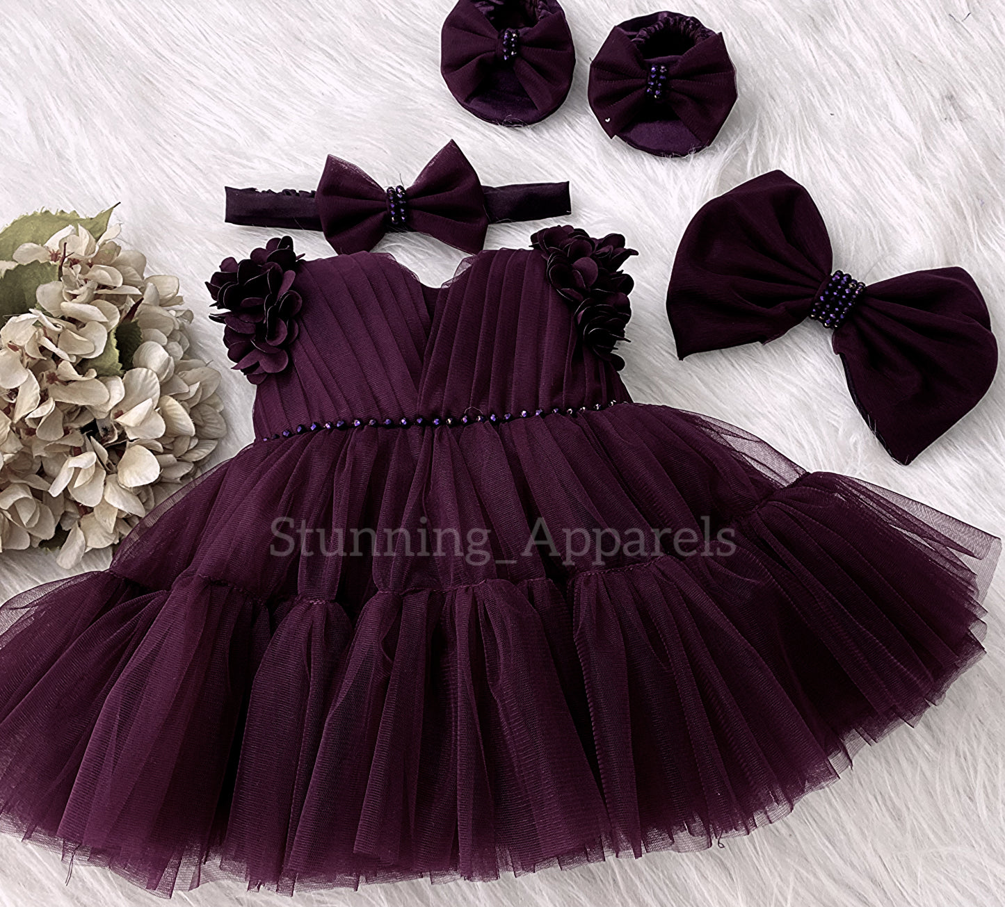 Beautiful Cape Sleeves Flower Work Ruffled Wine Frock