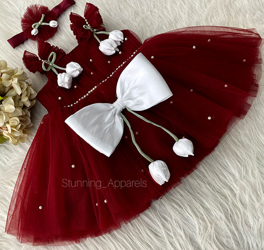 White Tulip Flower Work Party Wear Maroon  Dress
