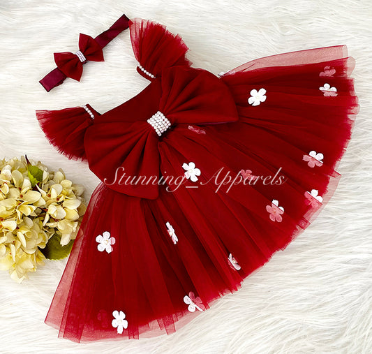 White Flower Work Strapped Sleeves Red Frock
