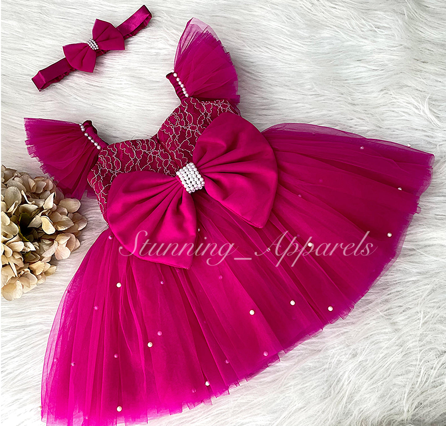 White Pearls Work Strapped Sleeves Magenta  Pink Dress