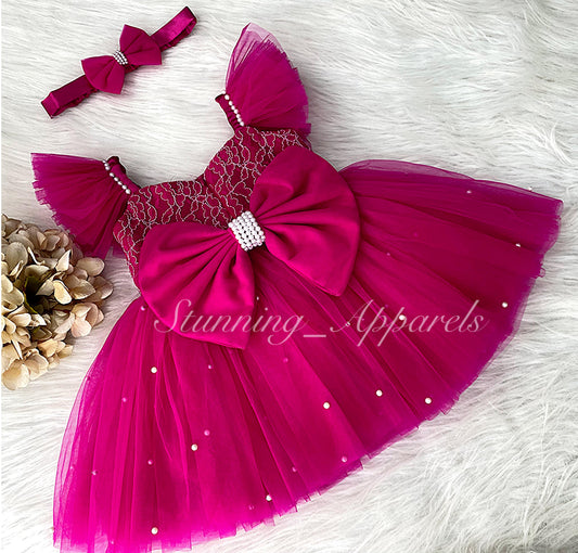 White Pearls Work Strapped Sleeves Magenta  Pink Dress