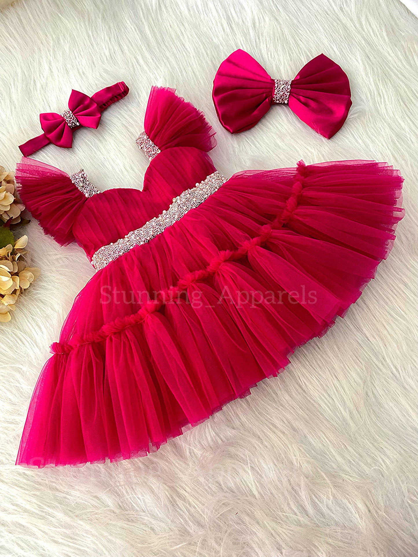 Designer Sweetheart Neckline Hand Work Magenta Frock