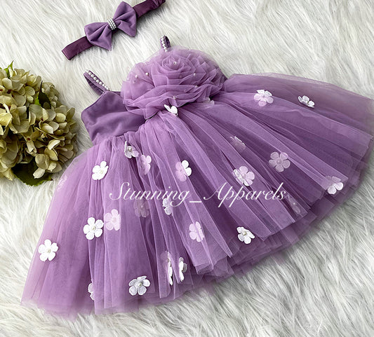 White Flower Work Strapped Sleeves Lilac Frock