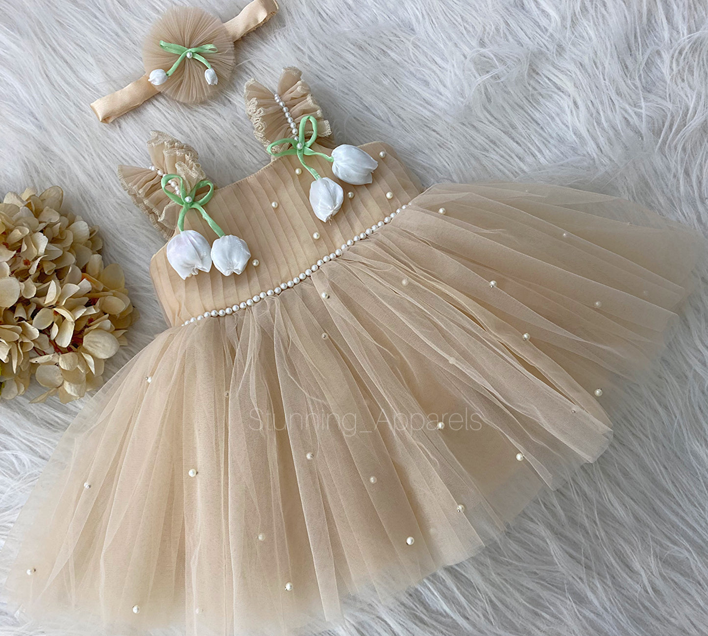 White Tulip Flower Work Party Wear Beige Colour Dress