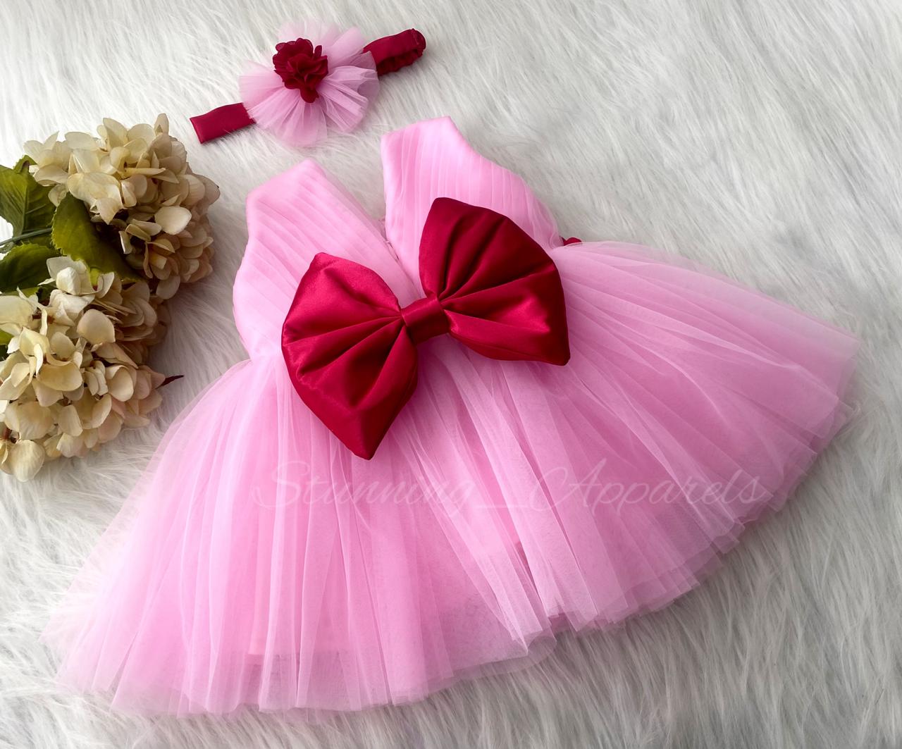 Waist Line Magenta Flower Work Baby Pink Frock