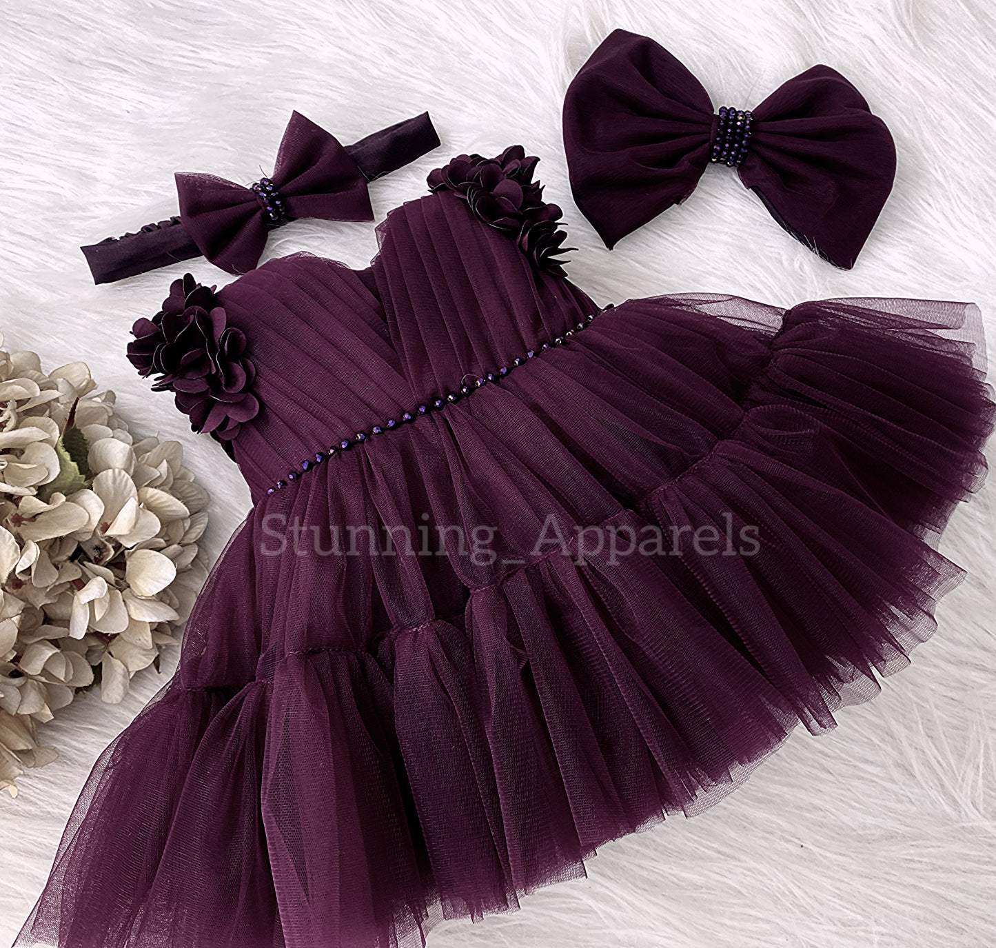 Beautiful Cape Sleeves Flower Work Ruffled Wine Frock