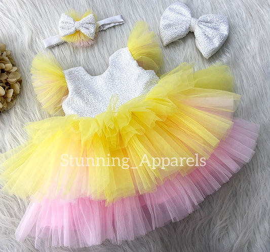 Pink and Yellow  Layered milky sequins dress