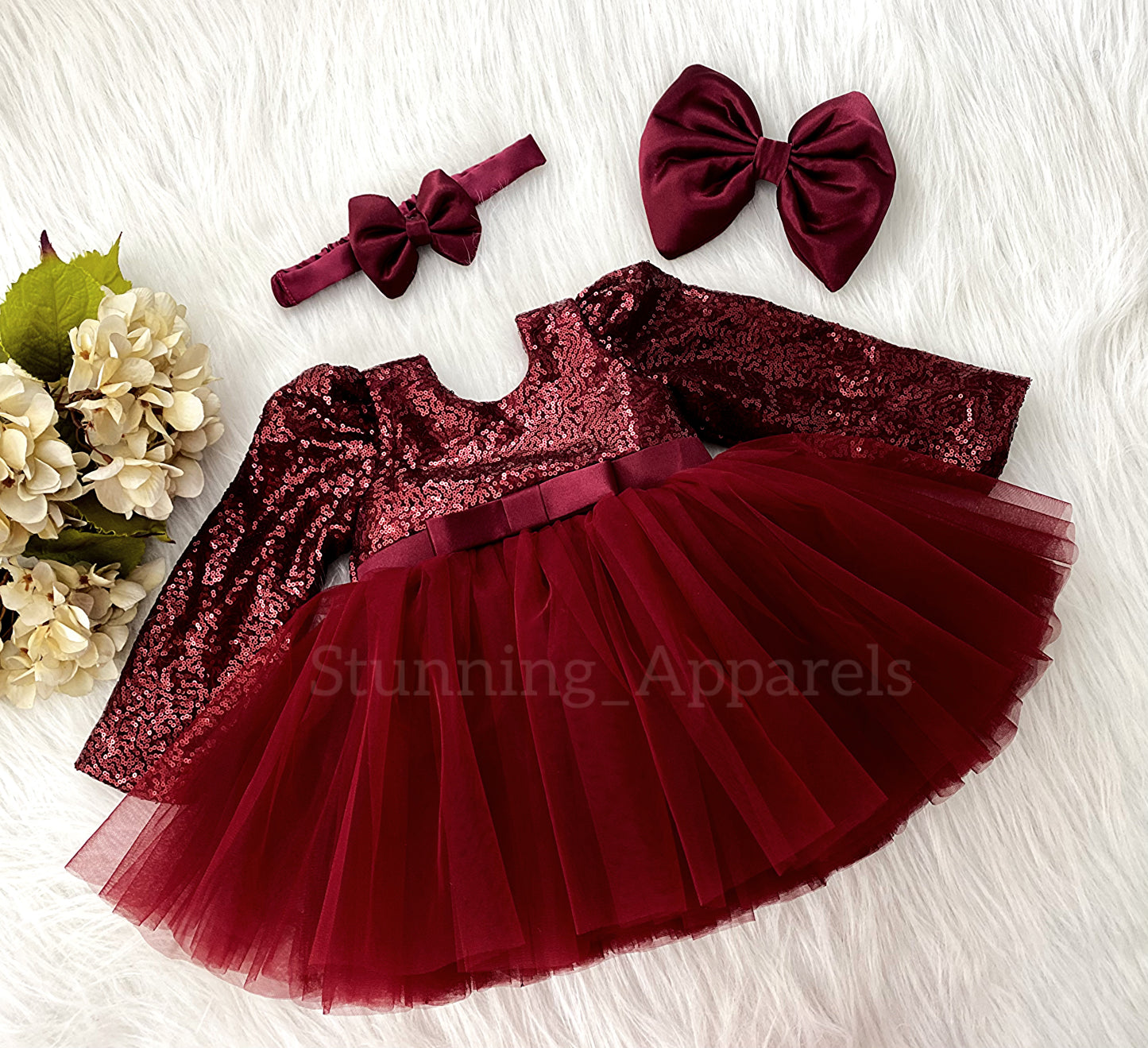 Stylish Long Sleeves Satin Bow Party Wear Maroon Frock