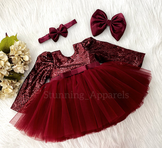 Stylish Long Sleeves Satin Bow Party Wear Maroon Frock
