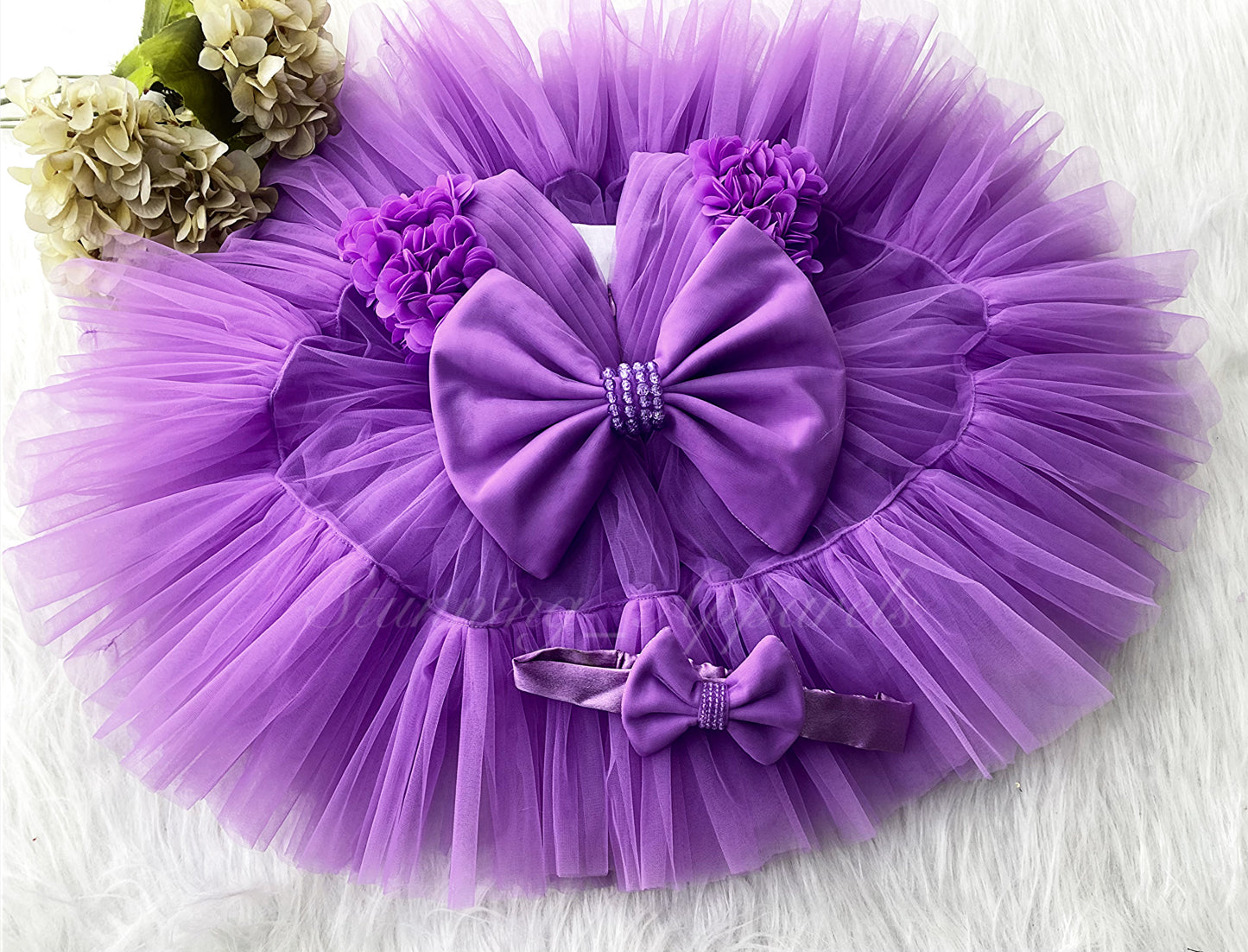 Beautiful Cape Sleeves Flower Work Ruffled Lavender Frock