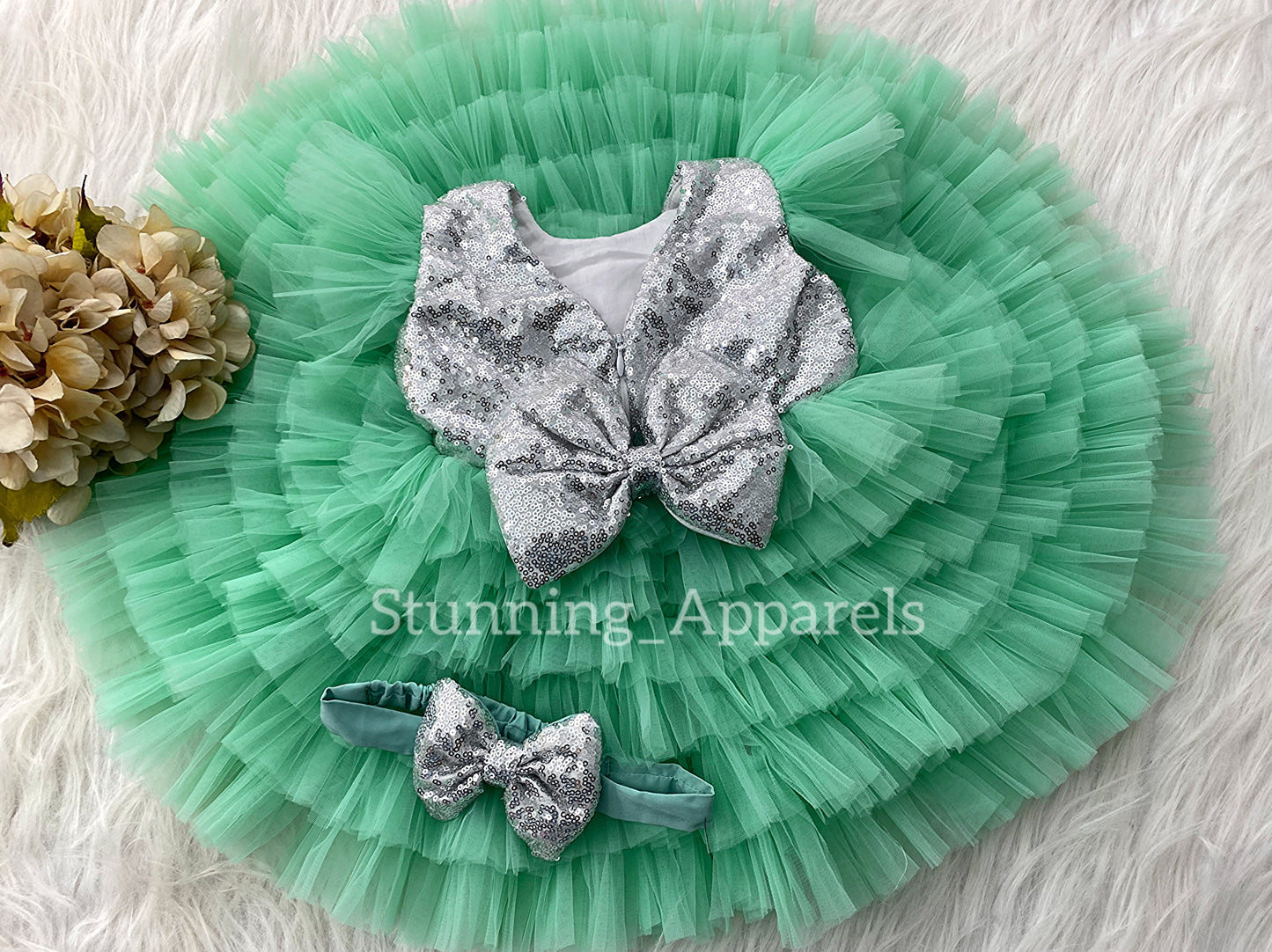 Silver Sequins Bow Stylish Layered Sea Green Frock