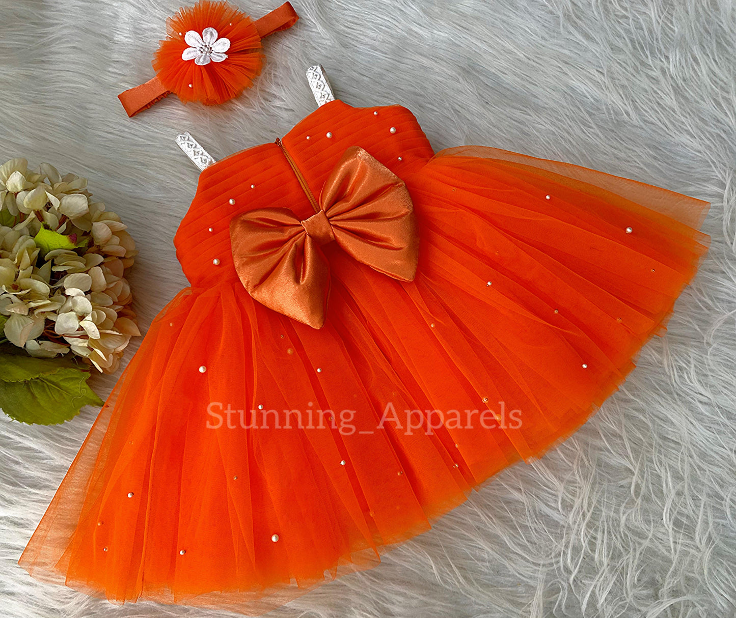 Waistline White Flower Work Party Wear Orange Dress