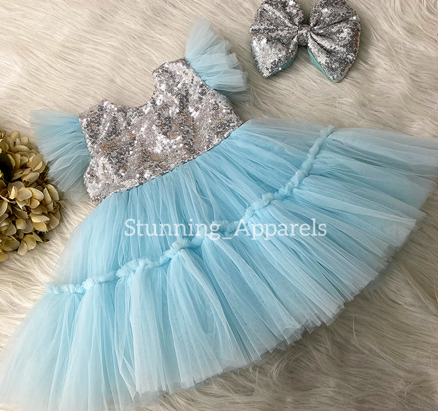 Silver Sequin Bow Sky Blue Ruffled Dress