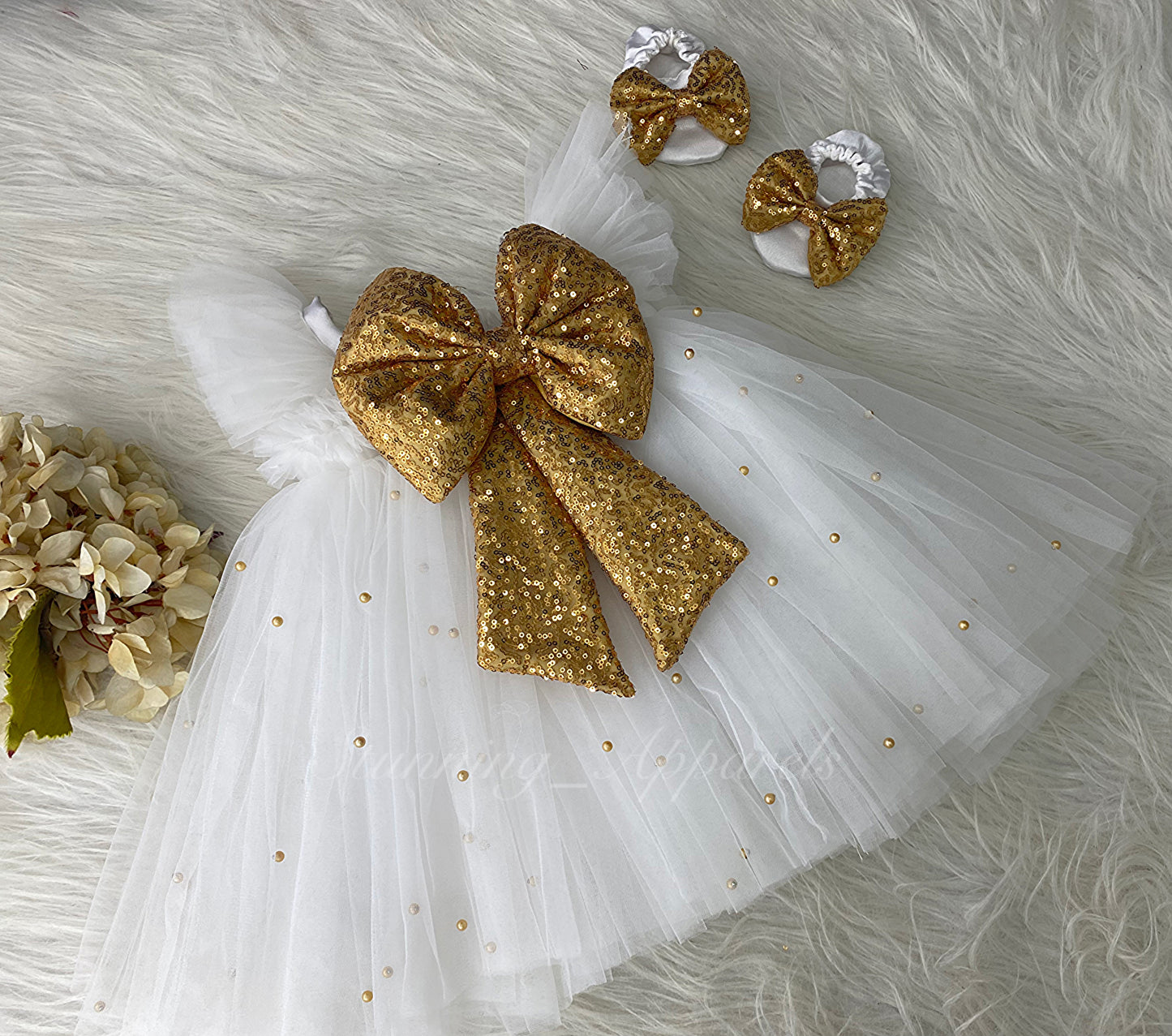 Golden Sequins Bow Party Wear White Umbrella Dress