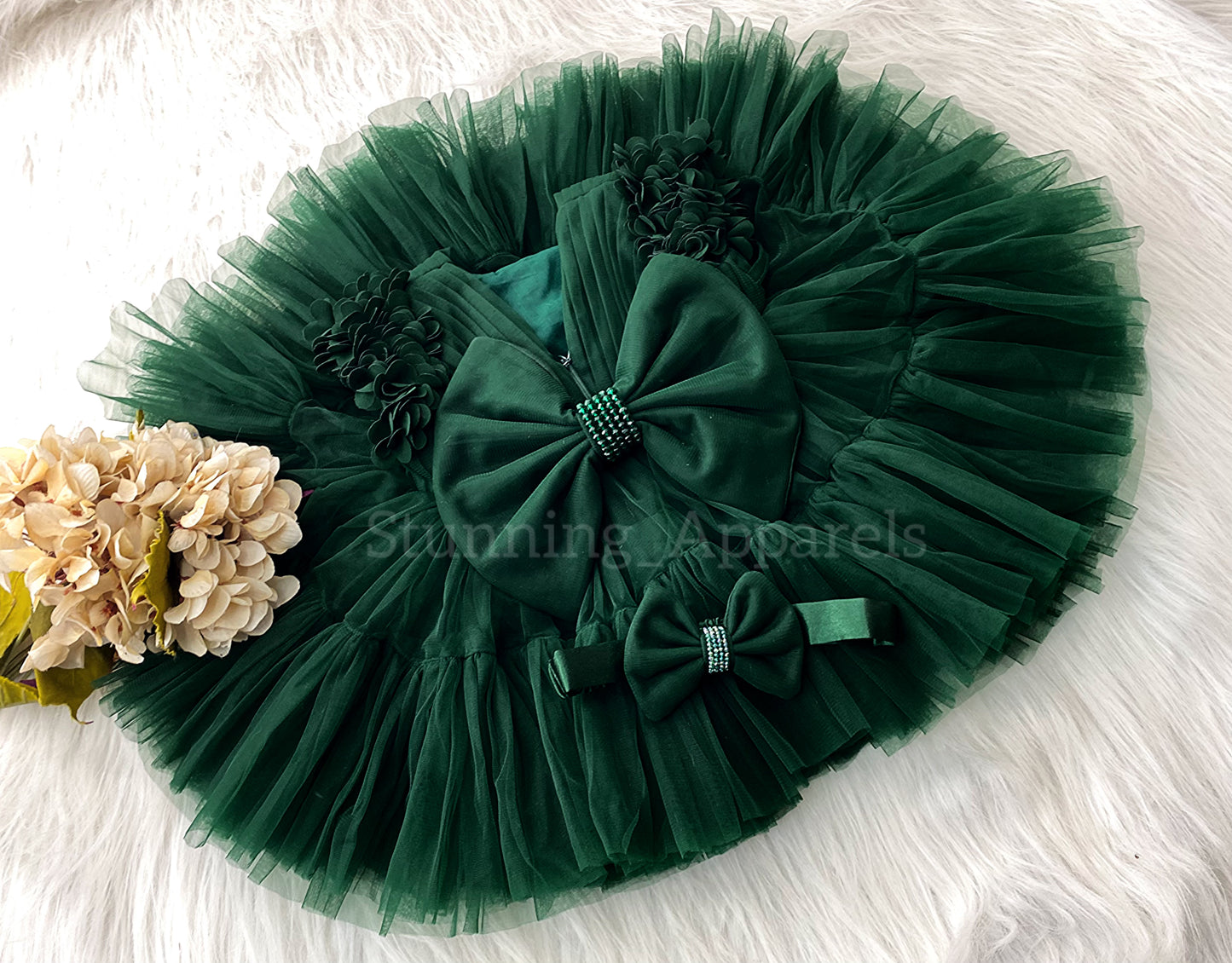 Beautiful Cape Sleeves Flower Work Ruffled Dark Green Frock