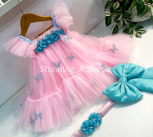 Butterfly Work Cute Party Wear Umbrella Baby Pink Dress