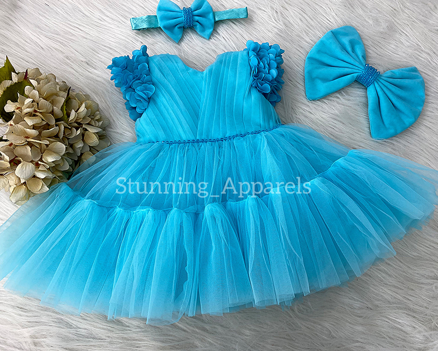 Beautiful Cape Sleeves Flower Work Ruffled Dark Sky Blue Frock
