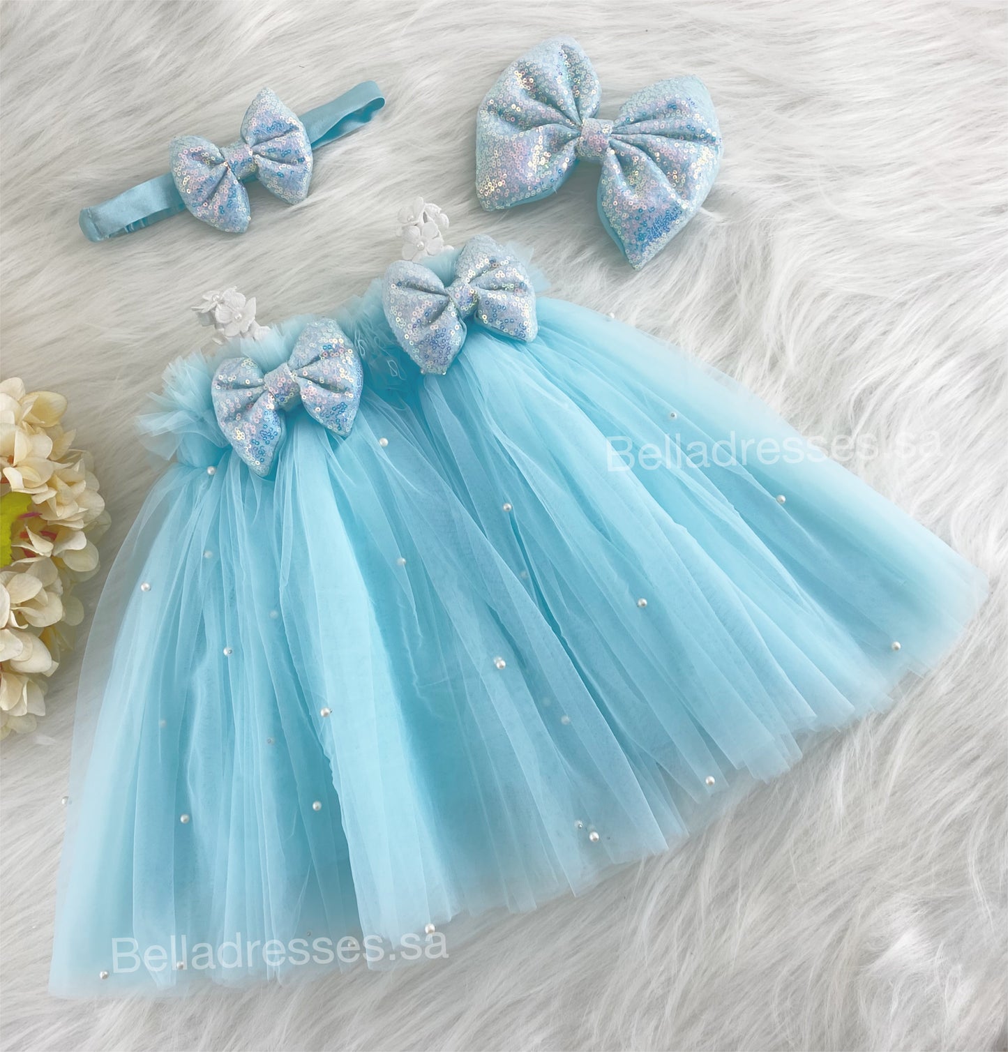 White Flower Strapped  Sequins Bow Party Wear Sky Blue Umbrella Dress