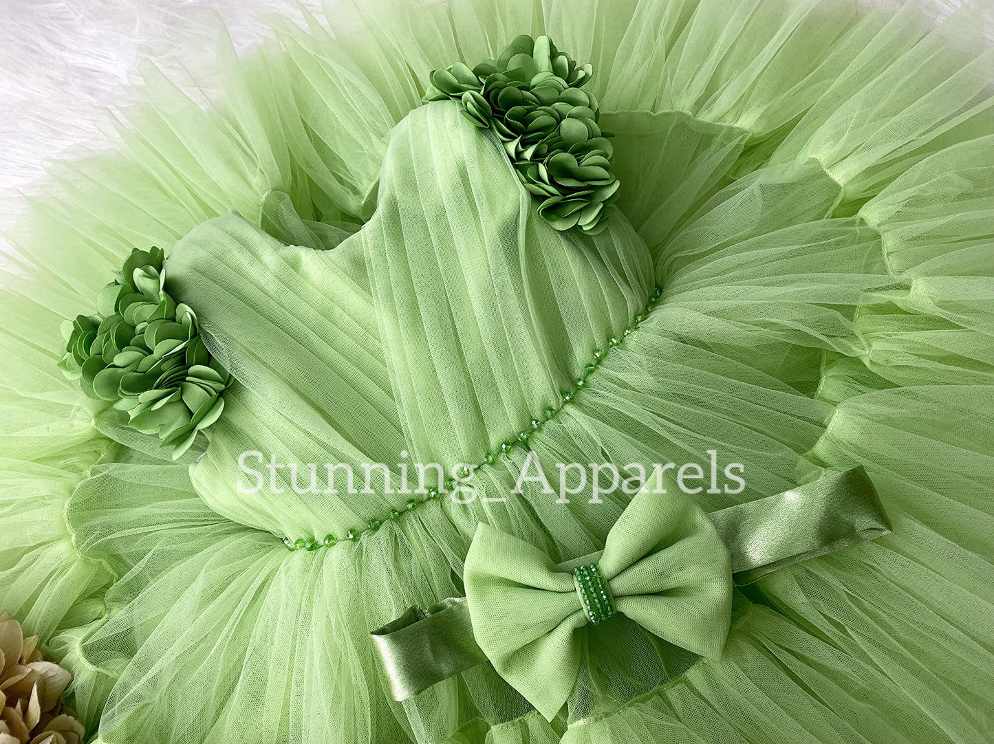 Beautiful Cape Sleeves Flower Work Ruffled Pista Greesn Frock