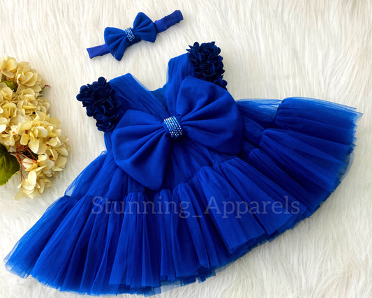 Beautiful  Cape Sleeves Flower Work Ruffled Royal Blue Frock