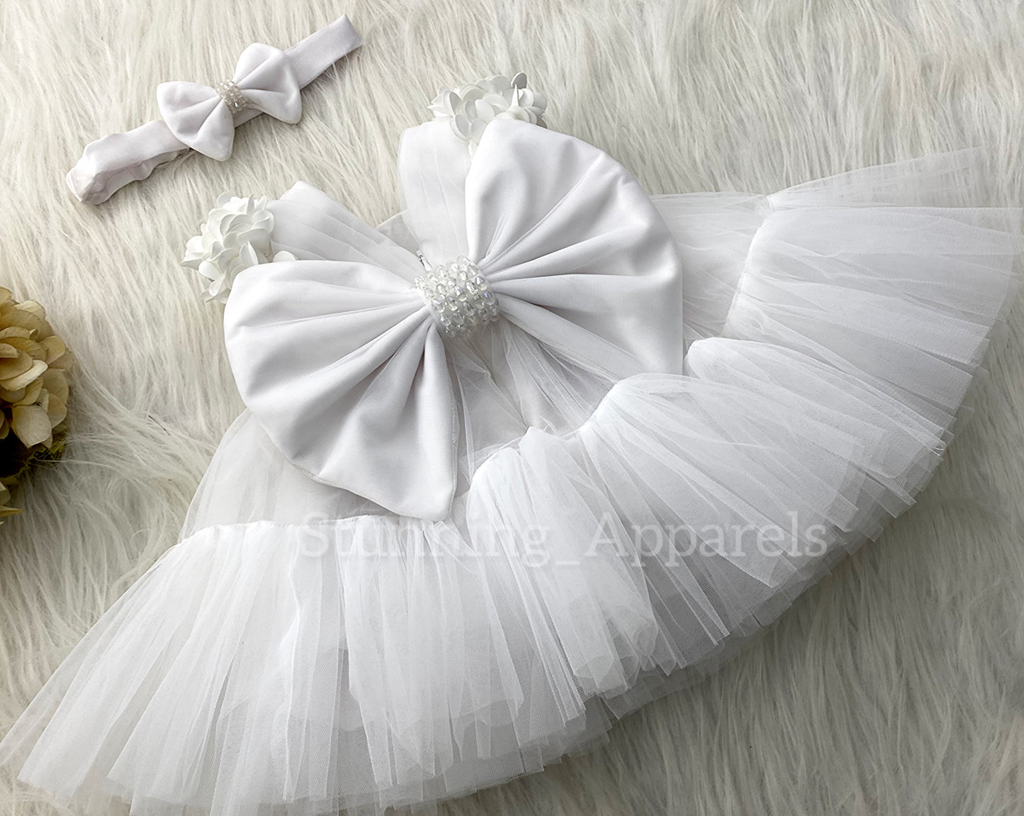Beautiful Cape Sleeves Flower Work Ruffled white Frock