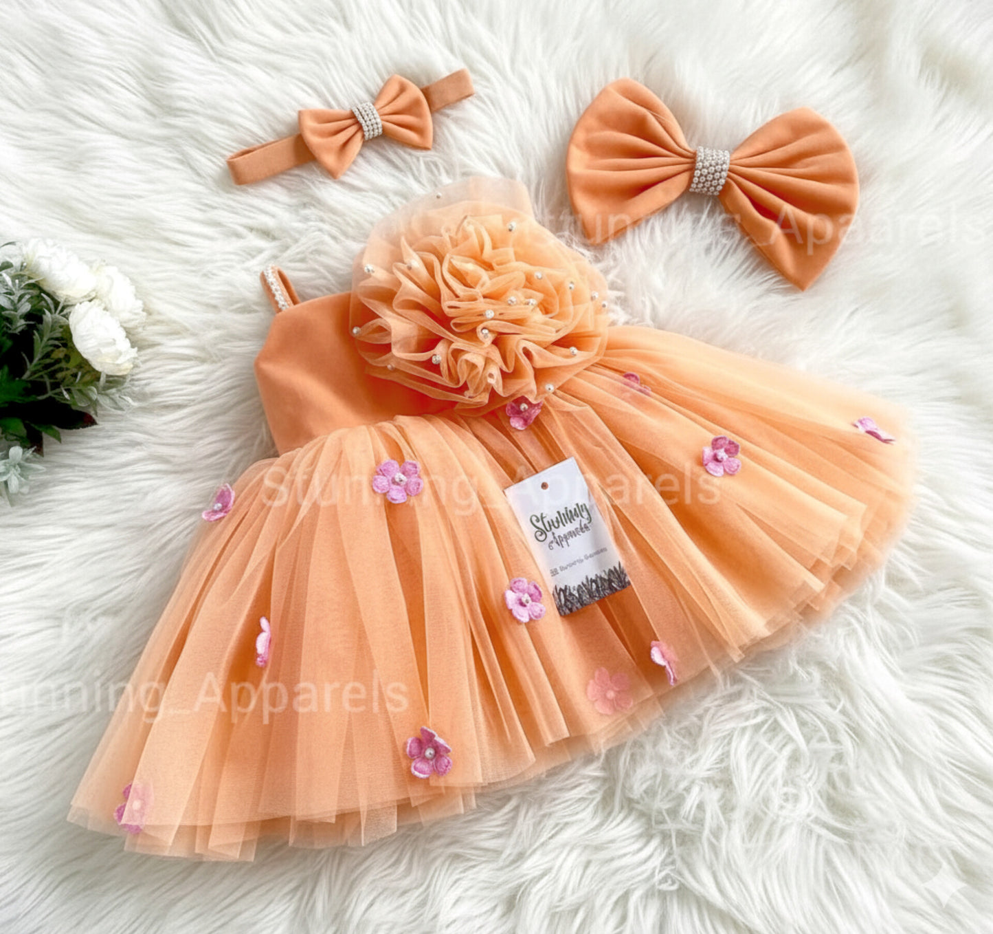 White Flower Work Strapped Peach Dress