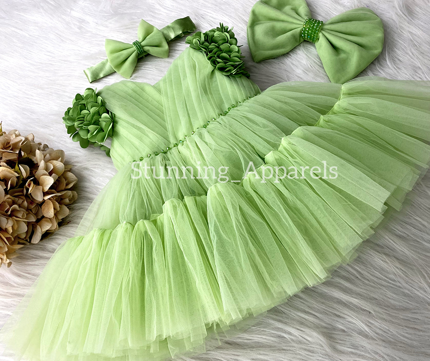 Beautiful Cape Sleeves Flower Work Ruffled Pista Greesn Frock