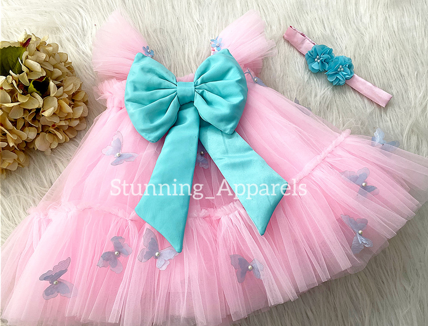 Butterfly Work Cute Party Wear Umbrella Baby Pink Dress