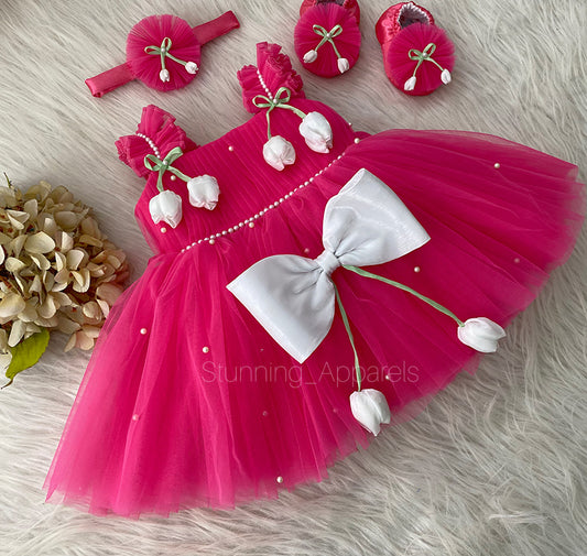 White Tulip Flower Work Party Wear Flamingo Dress