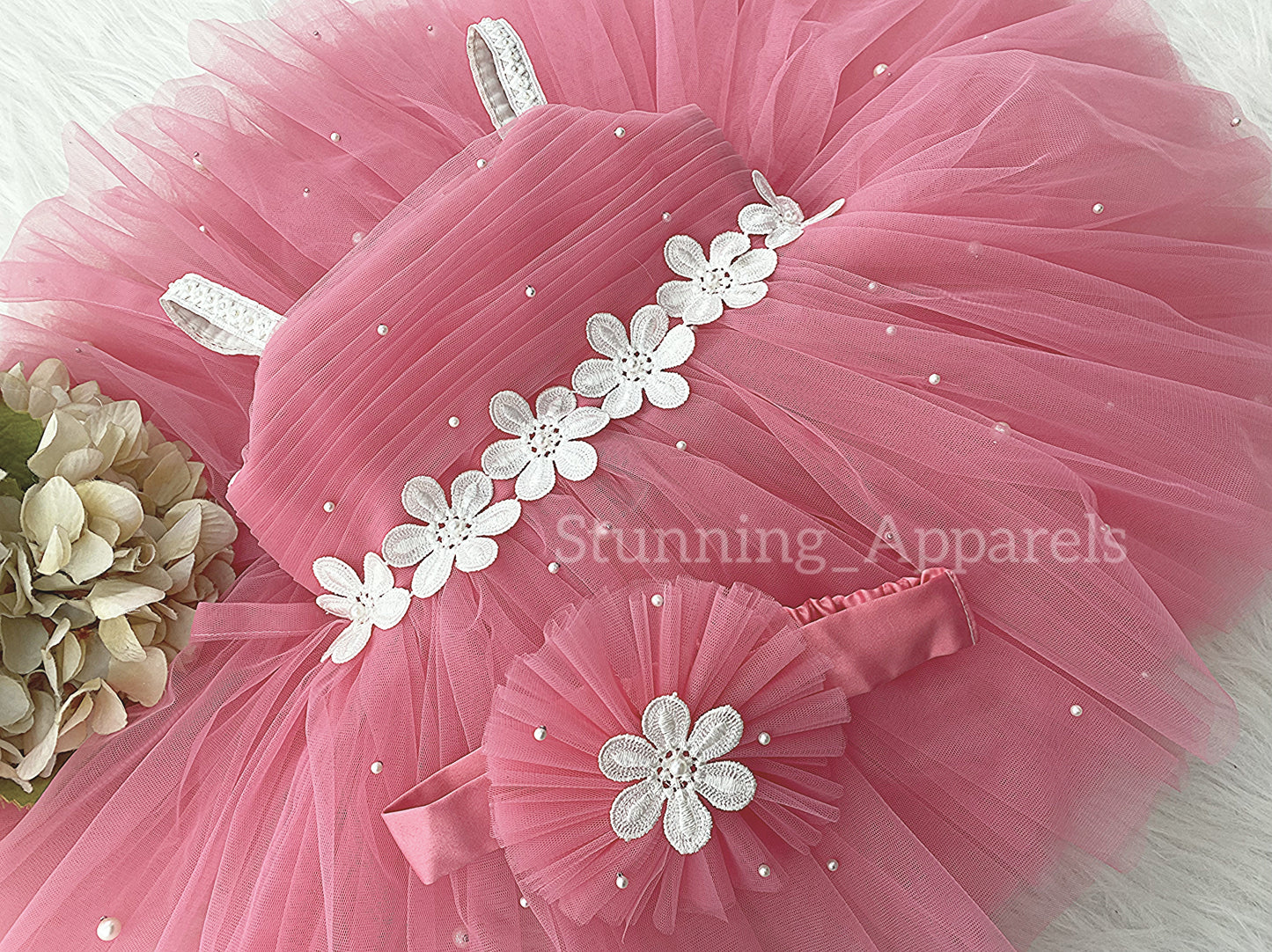 White Flower Work Party Wear Peach Dress