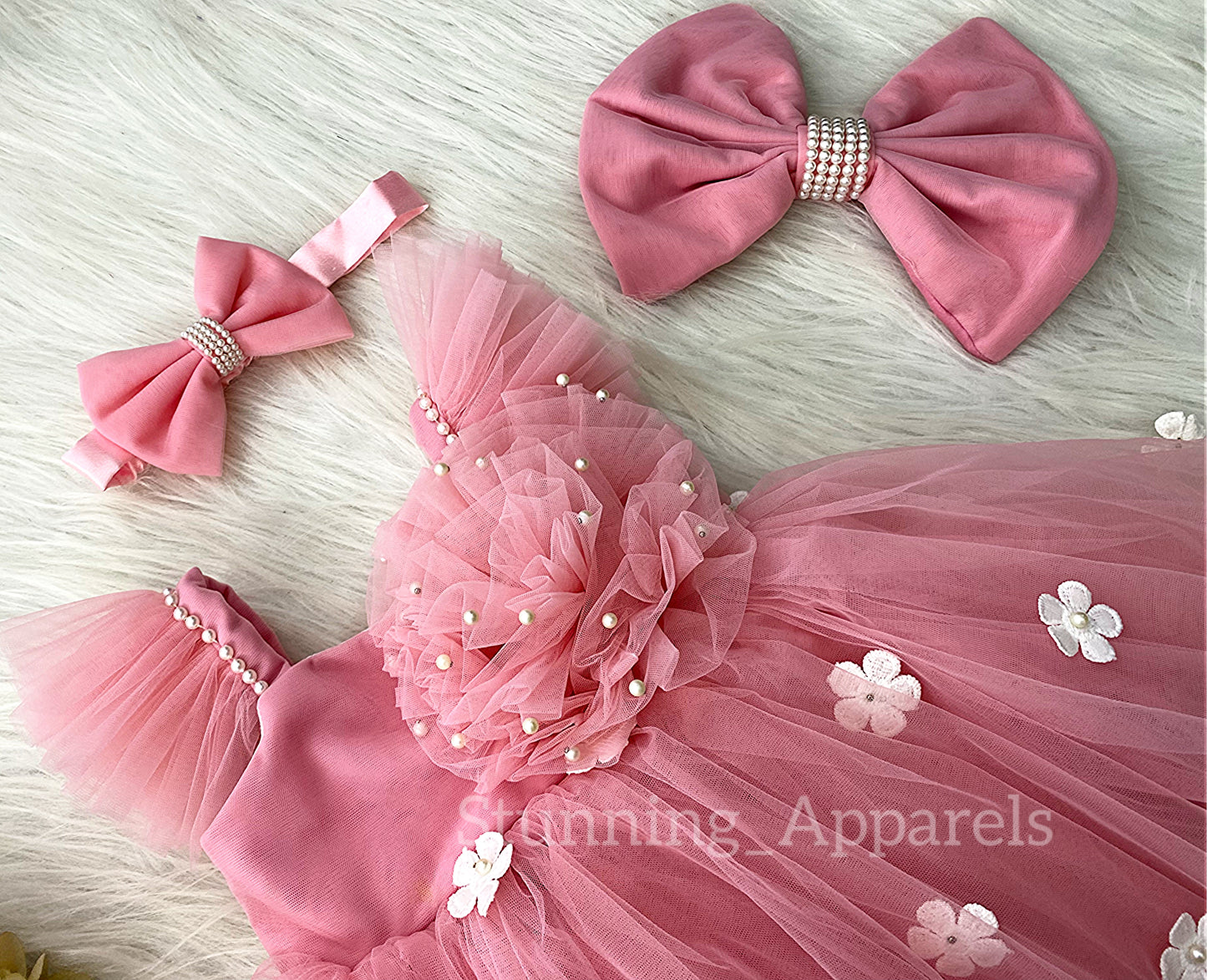 White Flower Work Strapped Sleeves Peach Frock