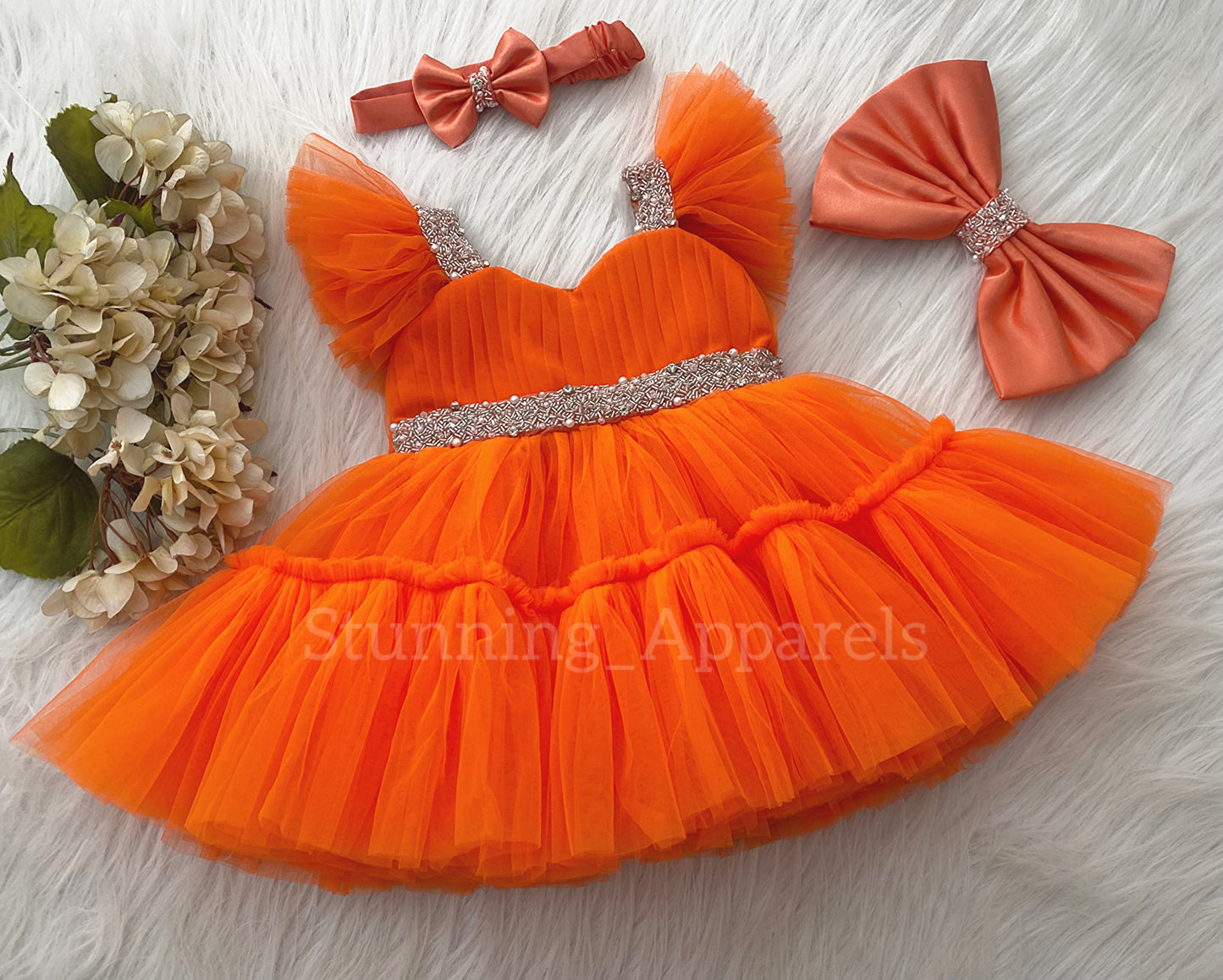Designer Sweetheart Neckline Hand Work Orange Frock